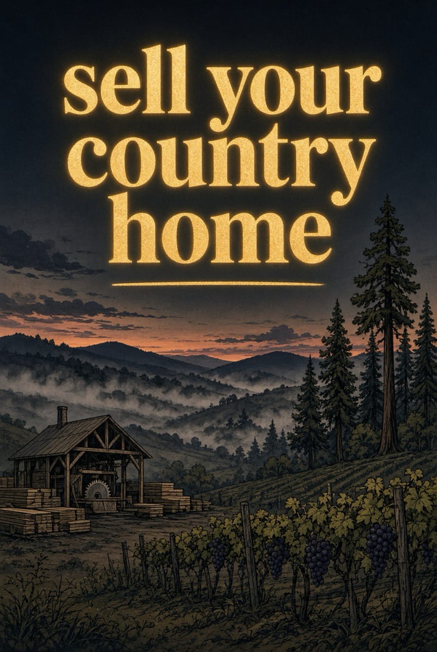 Cornload ad: sell your country home, a sawmill, vineyard and pine-covered hills at dusk